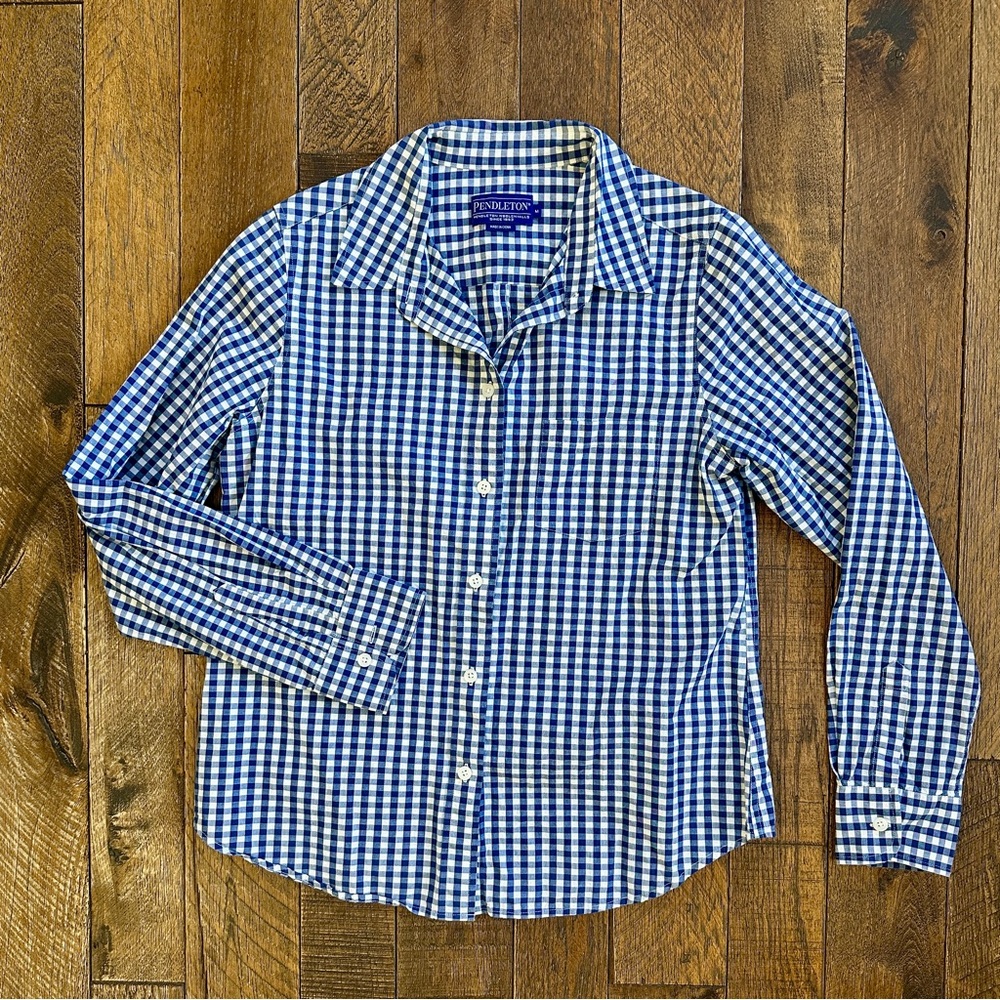 Pendleton Fitted Blue Gingham Button Down Long Sl… - image 1